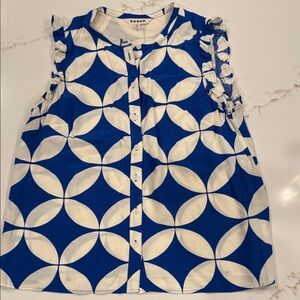 Boden Blue and White Geometric Ruffle Blouse